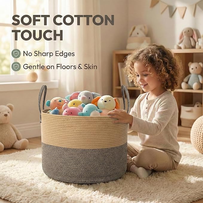 JMvicyroam 65L Extra Large Blanket Basket for Living Room - Woven Cotton Rope Laundry Hamper with Reinforced Handles - Storage Bin for Pillows, Comforters & Toys - Machine Washable,Jute&Black