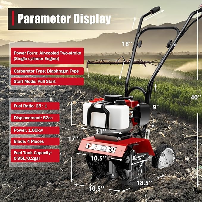 2HP Garden Tiller Cultivator 52CC 2 Stroke Gasoline Engine Mini Tiller Cultivator Rotary Hoe Rototiller Garden Yard Soil Tilling Machine