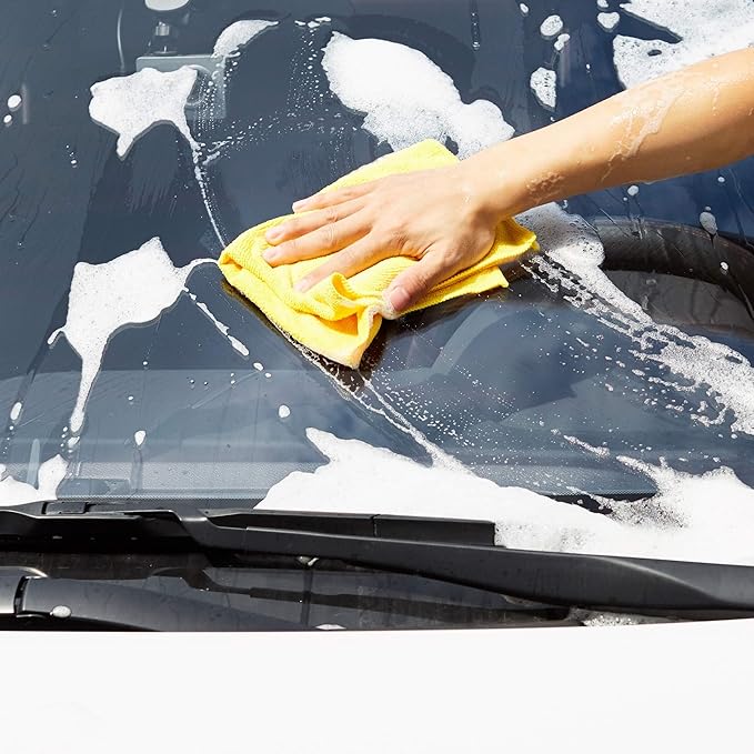 Amazon Basics Microfiber Cleaning Cloths for Cars, Non-Abrasive, Highly Absorbent, Lint and Scratch-Free, Reusable and Washable, Car Detailing Towels, 16" x 12", Blue/White/Yellow, 144-Pack