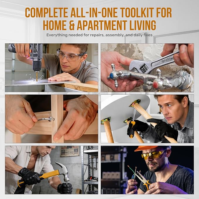 Hi-Spec Tool Kit with 8V Cordless Drill Set. Complete DIY Tool Set for Essential Everyday Home Repair & Maintenance. USB Rechargeable Electric Drill in a Compact Toolbox Case.