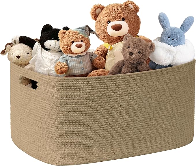 60L Small Wicker Laundry Basket for Living Room Storage,Boho Woven Cotton Rope Baskets for Kids Toy,Gifts,Square Blanket Hamper for Bedroom Dirty Clothes,Jute