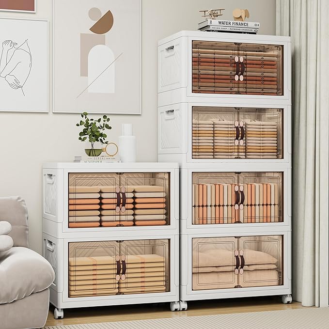 Storage Bins with Lids and Wheels, 660QT-165QT*4Tier Collapsible Bathroom Storage Cabinet with Clear Doors, Plastic Stackable Closet Organizers and Containers White