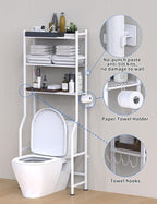 Livilord 3-Tier Over The Toilet Storage, Freestanding Metal Bathroom Shelves with 4 Hooks, Over Toilet Storage Shelf with Paper Holder, Above The Toilet Shelf for Bathroom Storage, White
