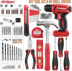 Hi-Spec 58pc Red 8V USB Electric Power Cordless Drill Driver and Home DIY Tool Kit Set. Screw Driver and Drill Bit Set Accessories, Pliers and Hammer In a Toolbox Case