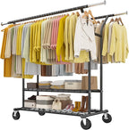 Raybee 74" W Clothes Rack Load 630 LBS, Clothing Racks for Hanging Clothes, Adjustable Heavy Duty Clothes Rack, Double Rods Metal Garment Rack for Bedroom Wardorbe Closet Living Room