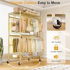 ULIFHOME P4 Plus Rolling Clothes Rack Heavy Duty, Clothing Racks for Hanging Clothes, Free Standing Garment Racks with Wheels, Portable Closet Rack 45'' W × 20.5'' D × 80.5'' H, Max Load 570 Lbs, Gold