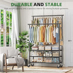 Ekisemio Double Rods Clothes Rack for Hanging Clothes, Rolling Clothing Rack with Wheels, 3-Tier Hanging Rack with Mesh Shelves, Holds 300 LBS for Bedroom, Laundry, Living Room, Black