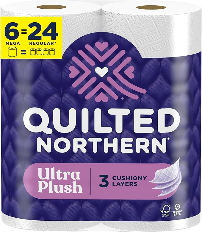 Quilted Northern Ultra Plush Toilet Paper, 6 Mega Rolls = 24 Regular Rolls, 3X Thicker*, 3 Ply Soft Toilet Tissue