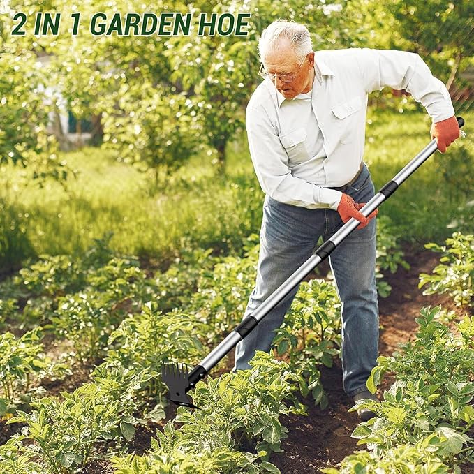 Weed Puller Tool with Long Handle – 2-in-1 Handle Garden Hoe and Weed Rake, Hoe Garden Tool for Home Gardens, Lawns, and Yards