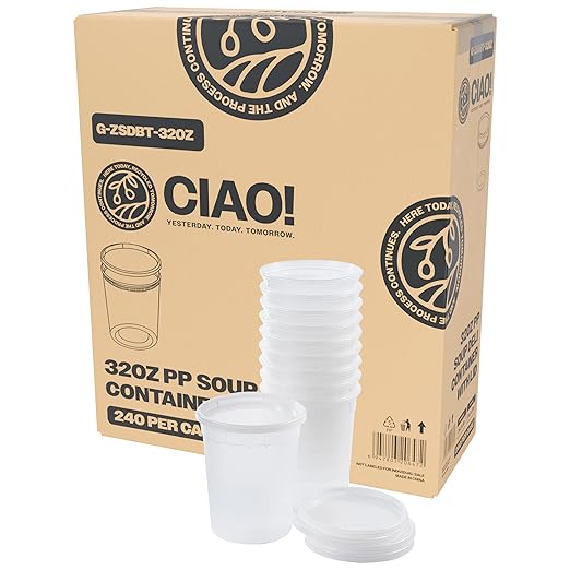 CIAO! 32OZ PP Injection Molded Soup-Deli Container with LLDPE Lid, Microwavable and BPA Free (240/240 combo pack)