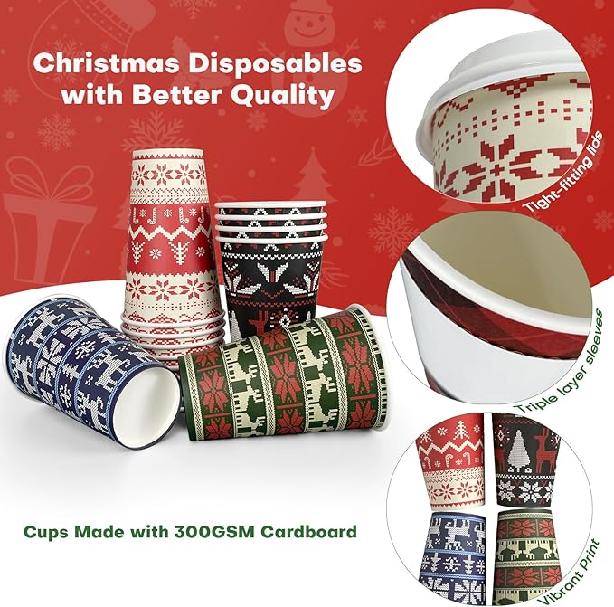 Christmas Disposable Cups 16 oz Paper Cups, 100 Sets Paper Coffee Cups with lids for Coffee/Tea/Water/Juice, Ugly Sweater Paper Cups for Hot & Cold Beverages, Party & Holiday Supply 100pcs