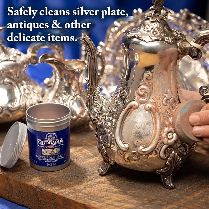 Goddard's Silver Polish Foam – Silver Jewelry Cleaner for Antiques, Accessories, Ornaments & More – Cleaner for Silverware Protection – Tarnish Remover for Jewelry w/Sponge Applicator (18 oz)