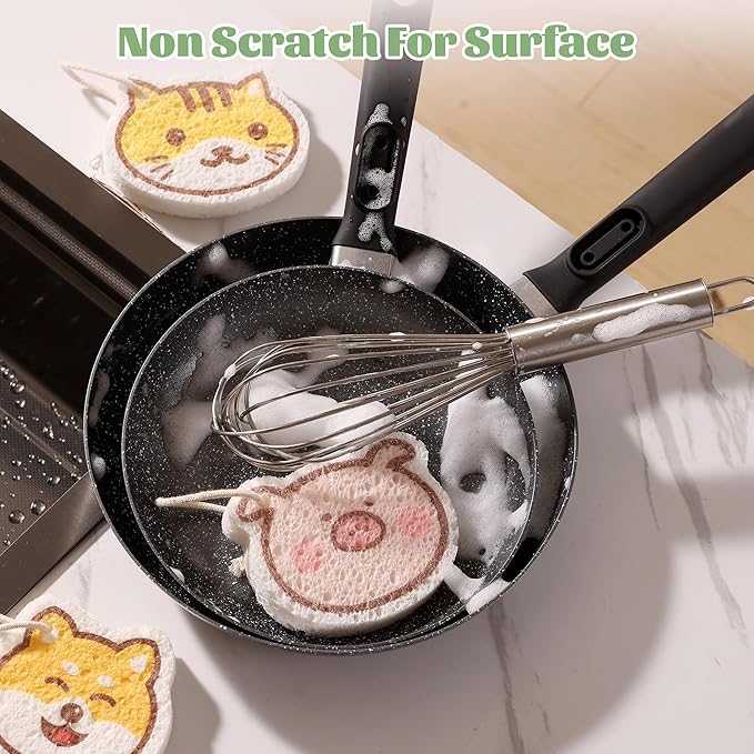 JOYMOOP Cartoon Kitchen Sponge, Cellulose Sponges for Cleaning, Non-Scratch Sponges for Dishes, Reusable Sponge for Household Cleaning - 9 Pcs Mixed Pattern (Kitten, Doggy and Piggy)
