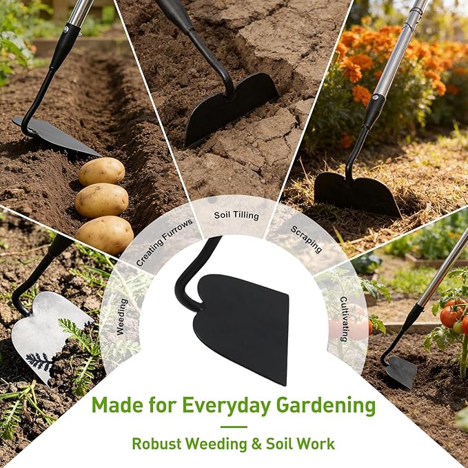 Garden Hoe for Weeding, Heavy Duty Draw Hoe Garden Tool for Plowing,Cultivating,Trenching, Ridging,Tilling Loosening Soil,Scraping Weeder with 60” Handle for Stand Gardening, Reduce Back Strain