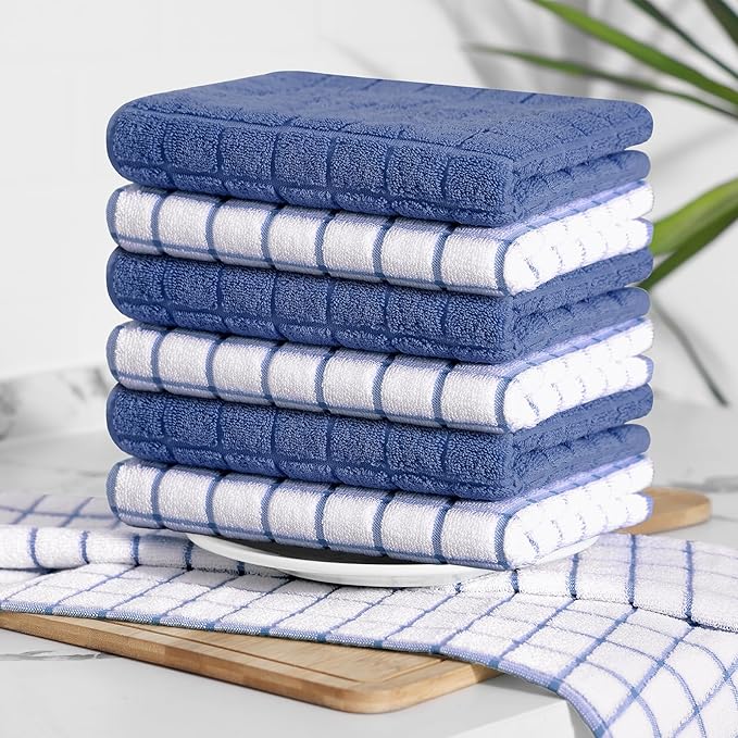 Homaxy Premium Cotton Kitchen Towels 16"x 28", Large Natural Ring Spun 390 GSM Dish Towels, Super Absorbent Terry Kitchen Hand Towels, Soft Tea Towel with Hanging Loop, Navy Blue Check Design, 6 Pack
