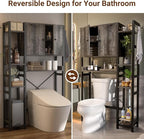 Over The Toilet Storage Cabinet with Doors - 7 Tier Bathroom Organizer with Adjustable Shelf, Freestanding Space Saver Rack Above Toilet Stand with 4 Hooks for Bathroom, Restroom, Laundry, Grey Oak