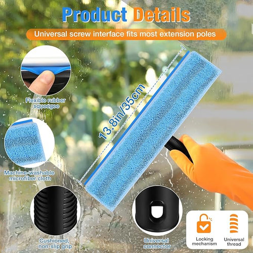 13.8" Window Squeegee for Glass Window Cleaning,All-Purpose Shower Squeegee with Microfiber Scrubber for Bathroom,Shower Glass Door,Mirror,Tile Wall, Car Windshield,Household Window Cleaner Tool,Bule