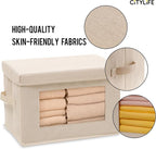 Citylife 3-Pack Storage Bins with Lids, Fabric Foldable Storage Bins with Soft Cord Handles, Canvas Storage Bin with Lid for Organizing Clothes, Blankets and Books, Beige