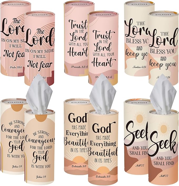 Outus 12 Pack Christian Car Tissues Cylinder Holder with Facial Tissue Bulk Round Bible Verses Napkins Container for Car Home Travel Prayer Church Gifts, 6 Designs