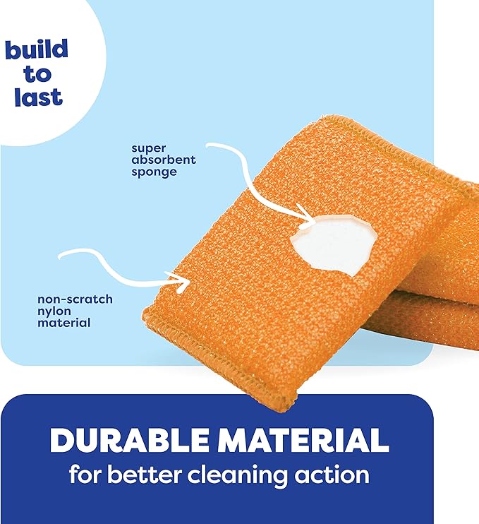 SCRUBIT Multi-Purpose Dish Scrub Sponge, Non Scratch Scouring Pads, Cleaning Sponges for pots, Dishes & Non-Stick Cookware - Pot Scrubber Sponges for Kitchen & Bathroom - 12 Pack Dish Sponge (Orange)