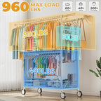 Heavy Duty Clothes Rack Load 960LBS, Three Rods Rolling Clothing Racks for Hanging Clothes, Rolling Garment Rack With Sturdy Wheels Shelves Hooks, Portable & Adjustable Commercial Garment Rack, White