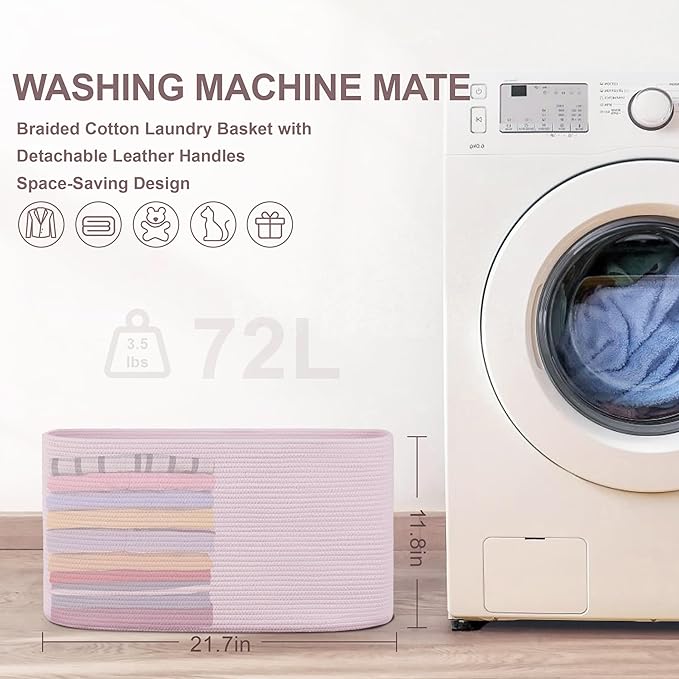 72L Large Baby Girls Laundry Basket for Nursery Storage,Cute Woven cotton Rope Baskets for Kids Toy，Gifts, Boho Square Wicker Blanket hamper for Living Room,Bedroom Dirty Clothes,Pink