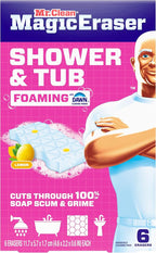 Mr. Clean Magic Eraser Sponge, Bathroom, Shower, Tub Cleaner, Soap Scum Remover, Bathroom Cleaning Supplies, Dawn Cleaning Power with Lemon Scent, Shower & Tub, 6ct
