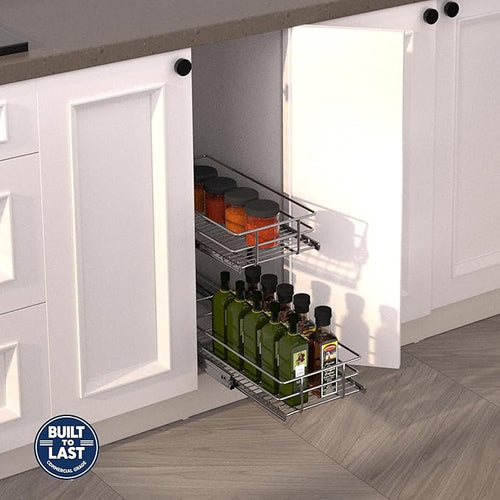 (8" W x 22" D 2-Tier Narrow Cabinet Pull Out Shelves | Heavy Duty Slide Out Shelves for Kitchen Cabinets, 22 Inch Deep Under Cabinet Organizer, Chrome