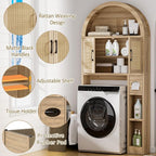 Spurgehom Over The Toilet Storage Cabinet, Bathroom Shelf Organizer Freestanding, Bathroom Arch Cabinet Over Toilet with Toilet Paper Holder and Anti-Tipping Device (Wood & Wicker Door)