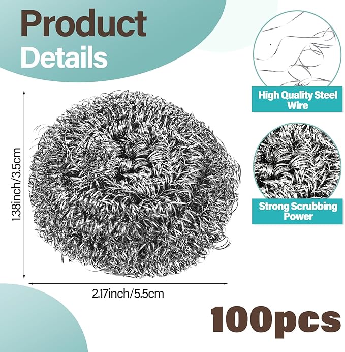 100Pcs Steel Wool Scrubber Pads, Bulk Steel Wool Scrubber, Metal Sponge Wire Scouring Pad, Heavy Duty Dishwashing Scouring Pads for Cleaning Dishes, Pans, Pots, Ovens, Grills, Sinks