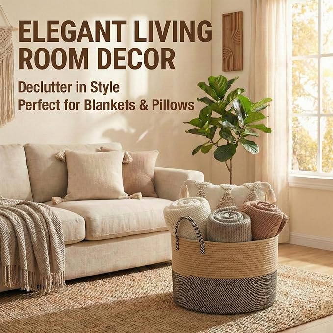 JMvicyroam 65L Extra Large Blanket Basket for Living Room - Woven Cotton Rope Laundry Hamper with Reinforced Handles - Storage Bin for Pillows, Comforters & Toys - Machine Washable,Jute&Black