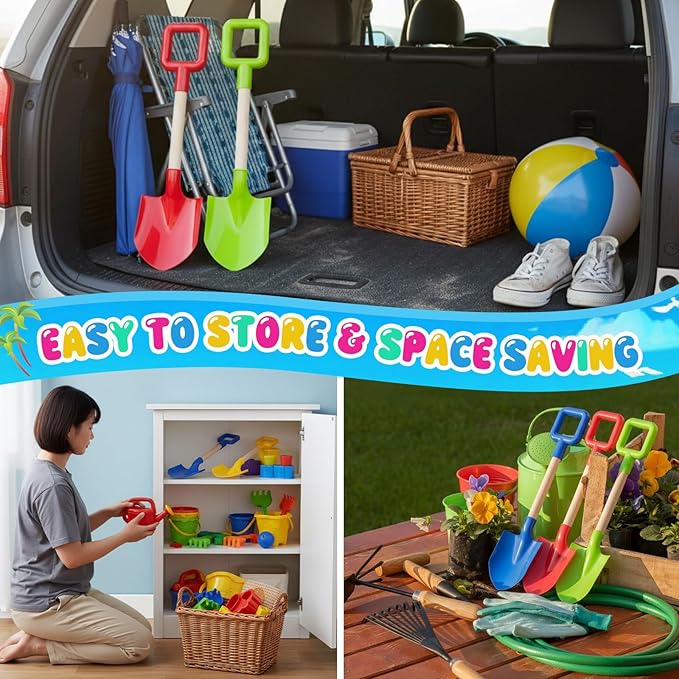 Honoson 4 Pack 16 Long Beach Spades Sand Shovels Toys Gardening Tools Sets Sandbox Sturdy Scoop Durable Wood Handle ABS Plastic Spade for Garden Sand Snow Backyard Summer Favors (Bright Color)