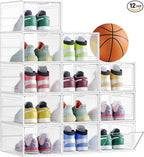SONGMICS Shoe Boxes, Set of 12, Clear Plastic Shoe Storage, Stackable Sneaker Box, Drop Front Door, Up to US Size 11, Easy Assembly, 13 x 9.8 x 7.1 Inches, Transparent White ULSP032W12