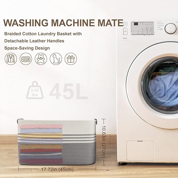 45L Small Laundry Basket with Leather Handles for Living Room Storage, Woven Rope Baskets Bin for Blanket, Kids Toy, Gifts, Wicker Hamper for Bedroom Dirty Clothes, 18"x14"x11" White Grey