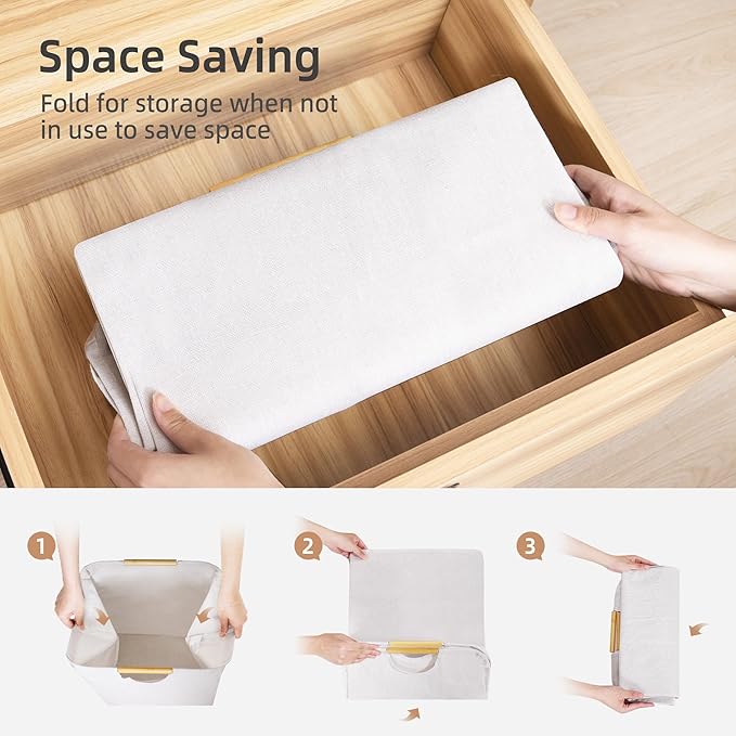 STORAGE MANIAC 2-Pack Large Laundry Hamper, 80L (21.1 Gal) Collapsible Laundry Basket with Bamboo Handles, Freestanding Waterproof Clothes Hamper for Laundry Room, Bedroom, Dorm, Towels, Toys, Beige