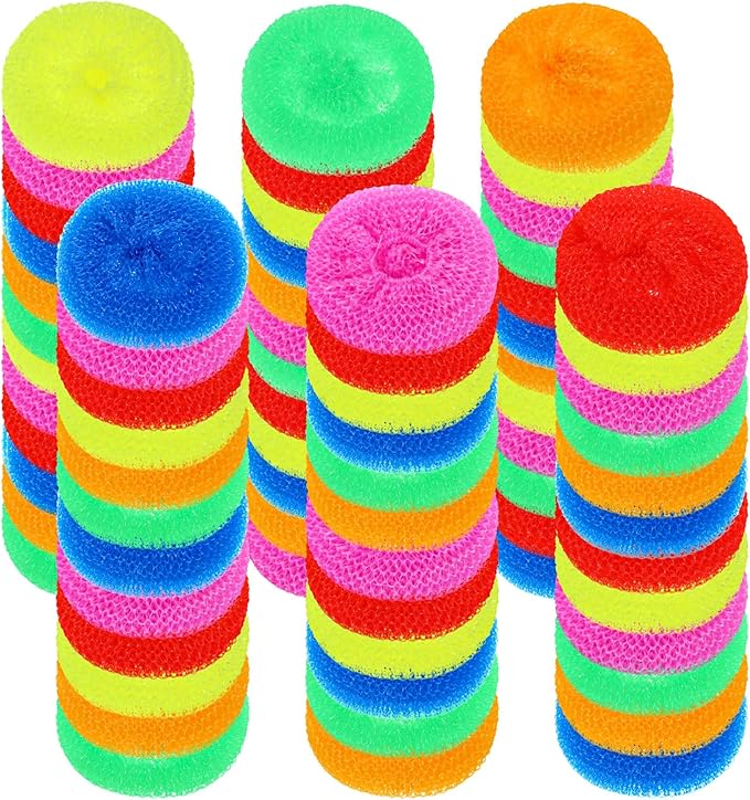 120 Pieces Plastic Dish Round Pot Scrubbers for Dishes Kitchen Scouring Pad Nylon Assorted Color Reusable Dish Washing Poly Mesh Non Scratch Scour Pads for Household Cleaning