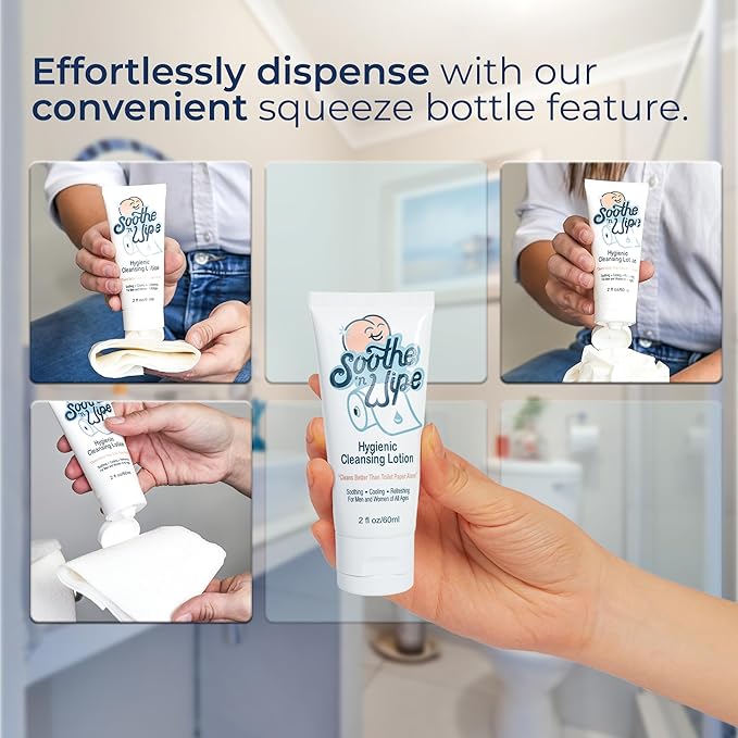 SOOTHE 'N WIPE Hygienic Cleansing Lotion, Flushable Wipe Alternative with Aloe & Moisturizers, Toilet Paper Moistener for Clean, Soft & Smooth Bum Butt Cleaner Sanitizing Lotion for Bathroom 2 Oz