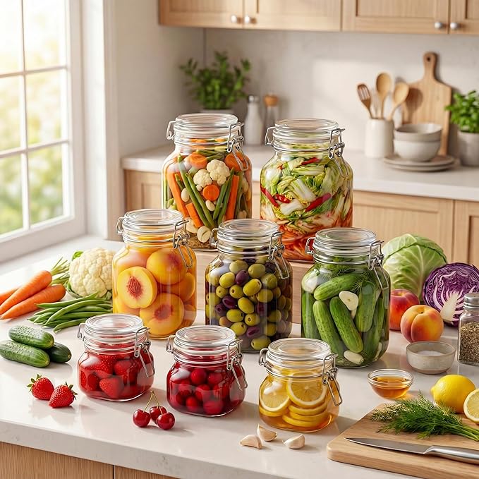 17oz - 6 Pack Square Glass Jars with Airtight Lid, Wide Mouth Mason Jars with Clamp Lids, Air Tight Glass Canisters, Best Food Storage Containers for Cereal, Pasta, Rice, Sugar, Coffee, Spice