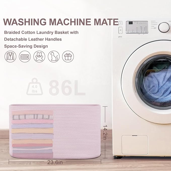 86L Large Baby Girls Laundry Basket for Nursery Storage,Cute Woven cotton Rope Baskets for Kids Toy，Gifts, Boho Square Wicker Blanket hamper for Living Room,Bedroom Dirty Clothes,Pink