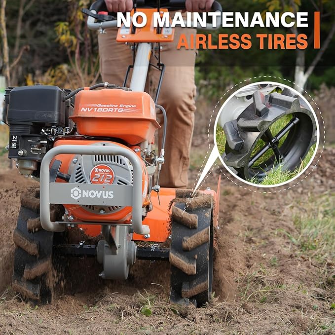 NOVUS 18-Inch Dual Direction Rear Tine Tiller, 212cc 4-Cycle Gas Engine, Full Gear Transmission, Dual Rotating Tines, Airless Tires Gas Tiller for Small to Large Gardens