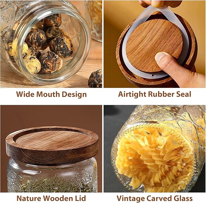 4-Pack 24 OZ Vintage Glass Jar with Lid, Airtight Food Storage Canisters with Bamboo for Kitchen Counter Pantry, Ideal for Coffee, Candy, Tea, Oats, Sugar, Cookies Decorative Jars