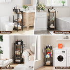 Bathroom Storage and Organizer Shelf Hair Dryer Holder, 9.85in 3-Tier Narrow Metal Standing Rack with Toilet Paper Holder, Corner Stand for Cosmetic, Vanity, Kitchen, Laundry Rustic Brown