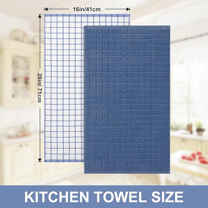 Homaxy Premium Cotton Kitchen Towels 16"x 28", Large Natural Ring Spun 390 GSM Dish Towels, Super Absorbent Terry Kitchen Hand Towels, Soft Tea Towel with Hanging Loop, Navy Blue Check Design, 8 Pack
