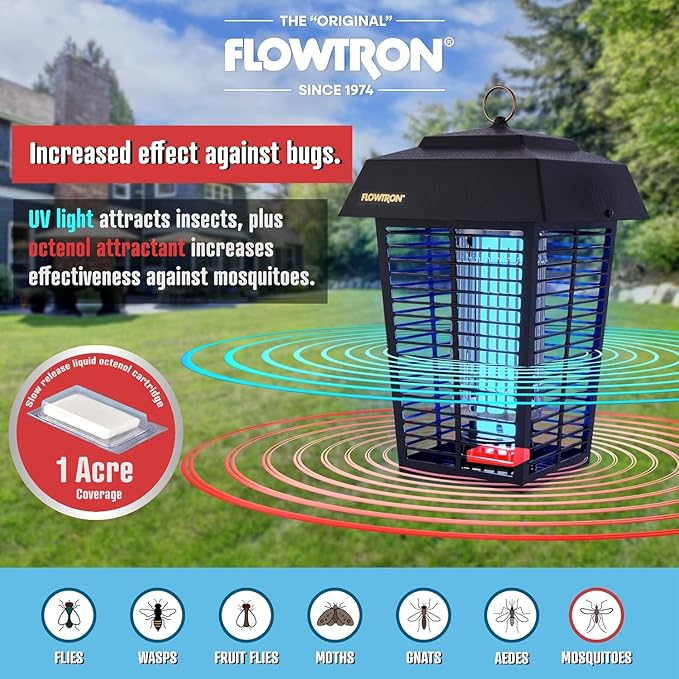Flowtron Bug Zapper, 1 Acre of Outdoor Coverage with Powerful 40W Bulb & 5600V Instant Killing Grid, Electric Insect, Fly & Mosquito Zapper, Made in The USA