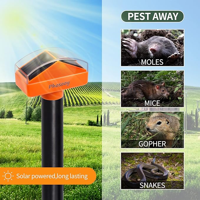 Solar Mole Repellent, 4 Pack Gopher Sonic Spikes, Waterproof Rodent Deterrent Devices to Get Rid of Moles in Your Yard Garden Lawn Home Outdoor