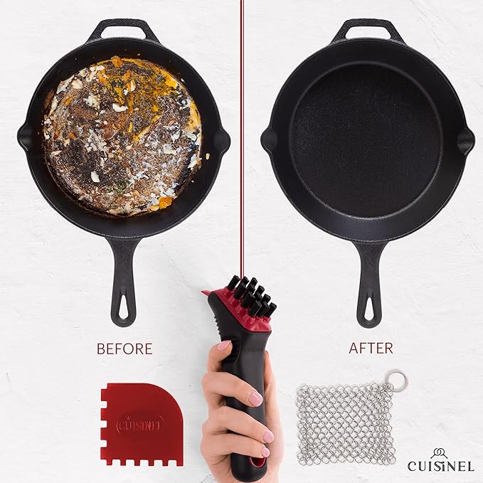 Cuisinel Cast Iron Scrubber Cleaning Brush + Stainless Steel Chainmail + Pan Scraper - Skillet, Grill Cleaner Kit - Soft-Touch Easy-Grip Dish Scrub Tool - Bristles Tough on Grease - Gentle on Cookware