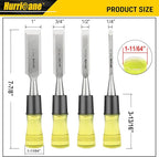 HURRICANE 4 Piece Wood Chisel Set for Woodworking. CR-V Steel Beveled Edge Blades with Safety Caps. Extra Large Grip, Impact-Resistant PVC Handle Chisels (1/4", 1/2", 3/4", 1")