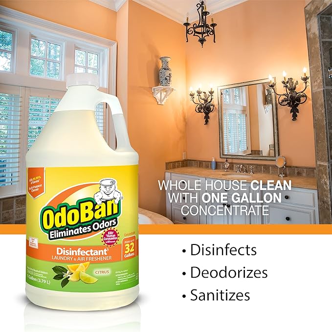 OdoBan Aroma Eliminator Set, Made in the USA, 10 Ounce Natural Oil Real Citrus Orange Air Freshener Spray, 1 Gallon Multipurpose Disinfectant Cleaning Concentrate, 14 Ounce Solid Scent Absorber