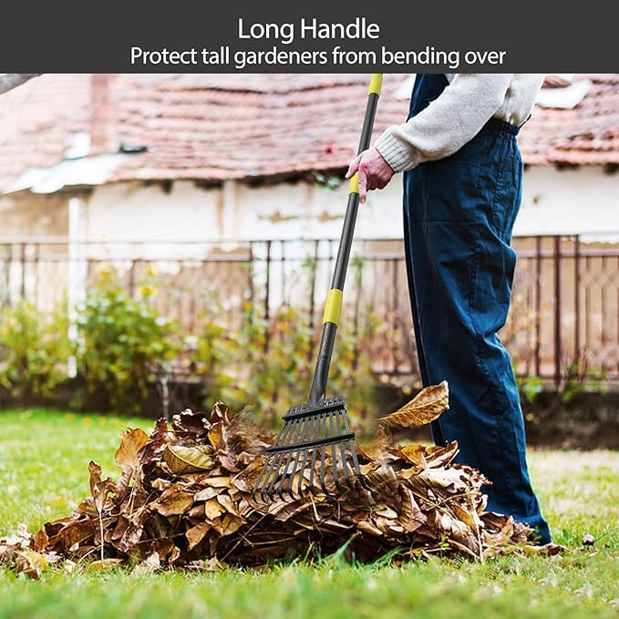 Oliynedy Adjustable Metal Garden Rake for Leaves - Long Handle 30-60", 11 Tines 9" Wide - Small Lawn Collapsible Yard Rake for Adults and Kids - Camping, Flower Beds, Mulch, Shrub