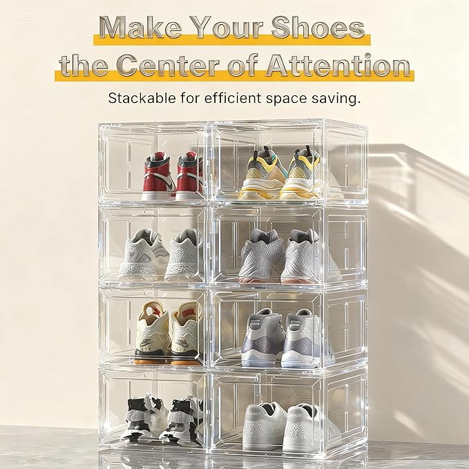 1 Pack Large Clear Shoe Box for Men’s Size 13 Sneakers, Stackable Drop-Front with Magnetic Door, BPA-Free Plastic Display Organizer, 13.5” x 10.55” x 7.5” – Transparent